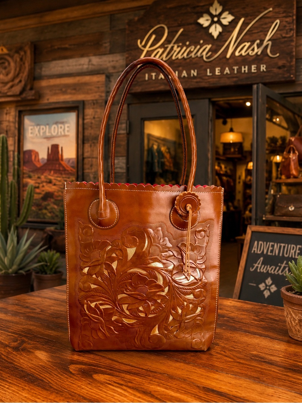 Patricia Nash Tooled Leather Floral Cutout Shopper. Gold Leather Underlay. GUC
